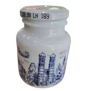 VTG Blue White Mustard Jar Milk Glass München Senape Hengstenberg‎ Senf KITCHEN